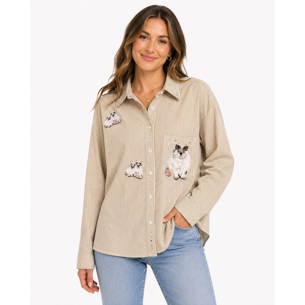 Mili‎ Designs Women's XL Beige Stripe Embroidered Cat Rhinestone Button Shirt